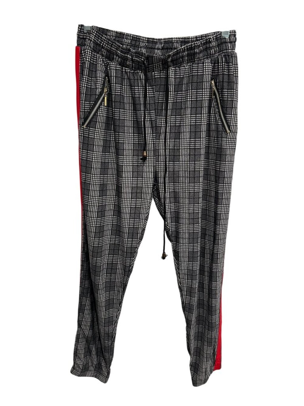 Indero Black Plaid Jogger Pants Red Side Stripe Size L/XL Streetwear Gorpcore